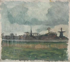 Landschaft mit Windmühle und Kirche